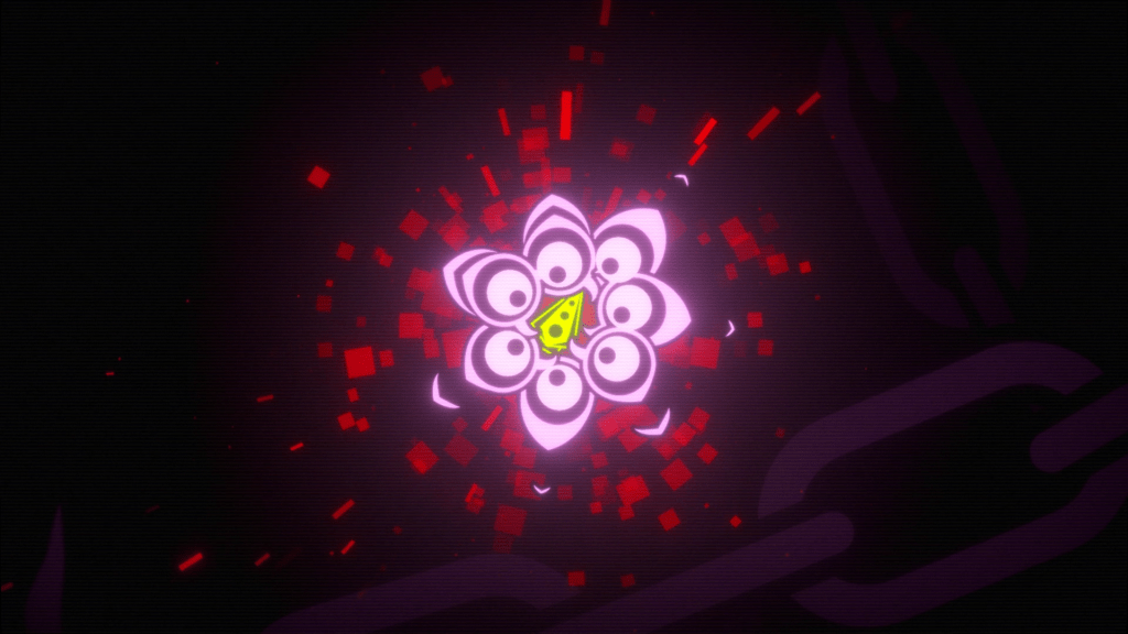 Swarmed by neon demons and unlikely to survive. 