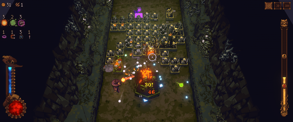 Skeleton blocks decent to destroy my wizard. It's a very chaotic battle.